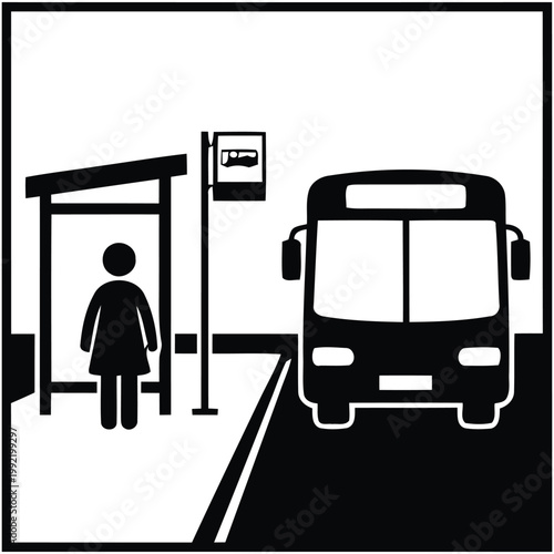 Bus Stop Silhouette Vector - Passenger Waiting at Station with City Bus Icon