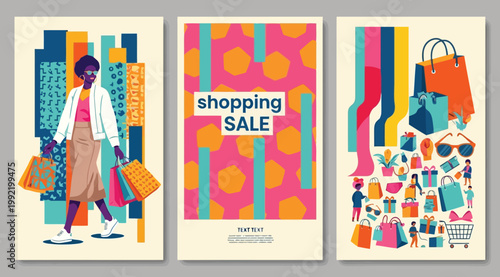 Set of three shopping sale posters with stylish woman and shopping bags