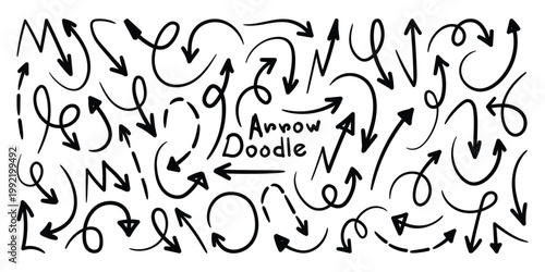 Doodle Arrow Collection. Hand drawn black arrow navigation mark icons set. Set of brush stroke of curly arrow collection. 