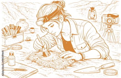 Female Archaeologist Excavating Fossil Illustration