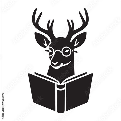  deer reading books vector silhouette line art logo design concept illustration idea