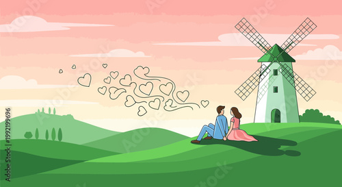 Couple in Love Watching Hearts Fly Near Windmill at Sunset