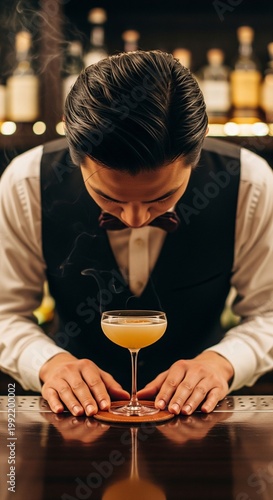 Sophisticated Bartender Serving A Steaming Aromatic Cocktail In A Coupe Glass At Night