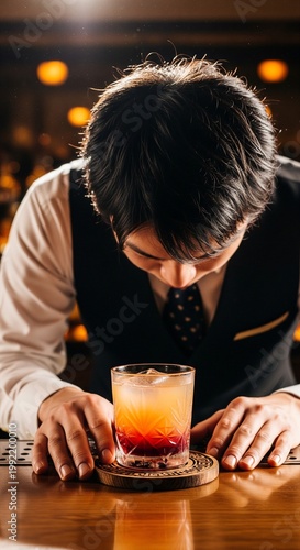 Layered Sunset Cocktail Served In A Patterned Glass On A Rustic Wooden Bar Coaster