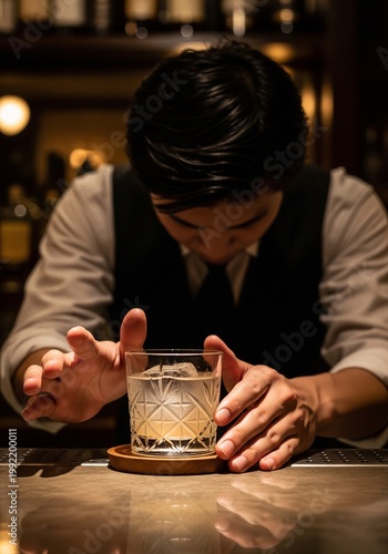 Japanese Mixologist Presenting A Clear Iced Drink In A Crystal Glass On A High End Bar