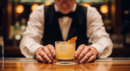 Professional Bartender Placing A Fresh Citrus Cocktail On A Wooden Bar Counter In A Lounge