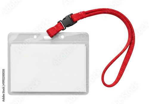 A blank white id card with a red lanyard ideal for mockups on transparent background