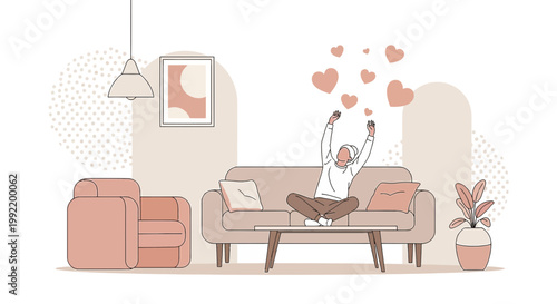 Joyful Person Celebrating Love and Happiness at Home with Hearts Floating