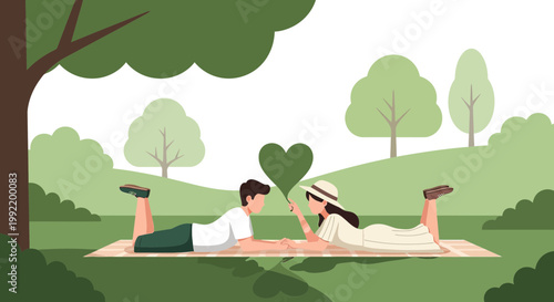 Couple in Love on Picnic Blanket with Heart Symbol in Green Park