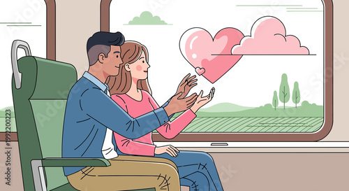 Couple in love on train, heart symbol, romantic journey, relationship concept