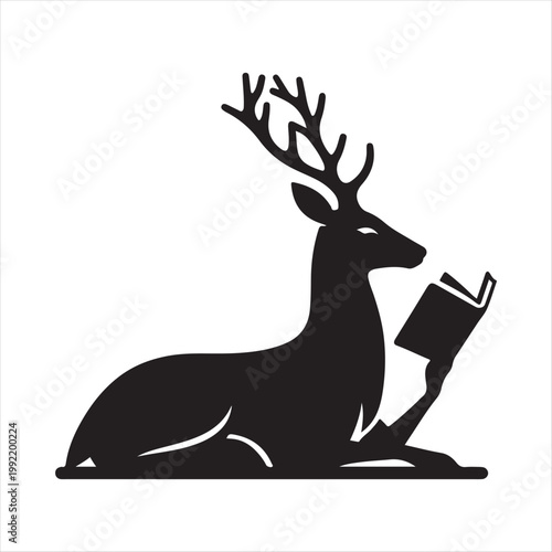  deer reading books vector silhouette line art logo design concept illustration idea