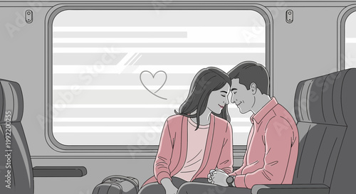 Couple in love on train, romantic journey, heart symbol, travel romance