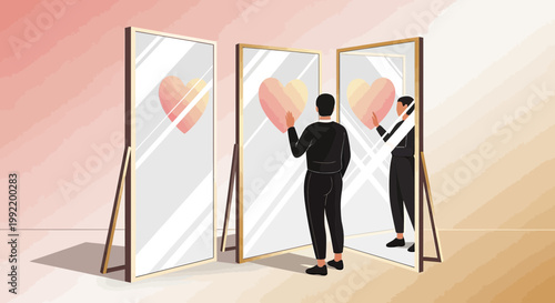 Man admires heart reflection in mirrors, symbolizing self-love, identity, and introspection