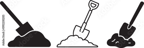 Three black silhouettes of shovels digging into piles of earth