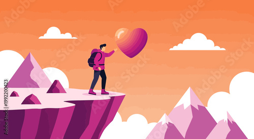 Hiker Reaches for Gradient Heart on Mountain Peak, Symbolizing Love and Achievement