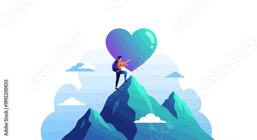 Hiker Reaches Mountain Peak to Touch Giant Gradient Heart Symbol