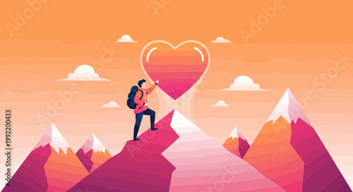Hiker Reaches Mountain Peak to Touch Glowing Heart Symbol, Symbolizing Love, Achievement, and Success