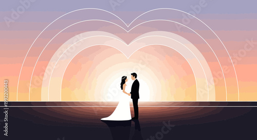 Couple in Love Silhouette Wedding Sunset with Heart Arch, Romantic Anniversary Art