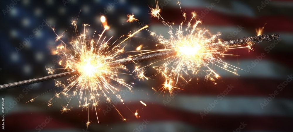 Fototapeta premium The Sparklers Celebrating Fourth of July With American Flag in Soft Bokeh Background