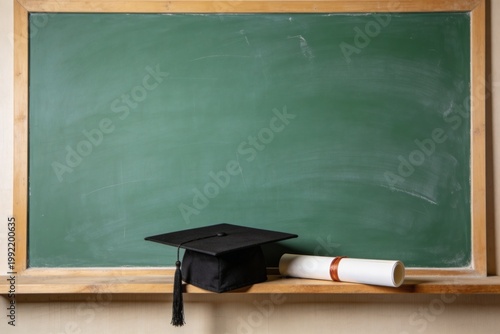 Graduation cap and diploma scroll placed on a wooden ledge in front of a green classroom chalkboard, symbolizing education, academic success, school achievement, and commencement.