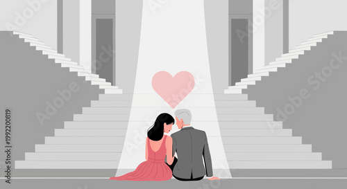 Couple in Love Under Spotlight with Heart Symbol, Romantic Staircase Background