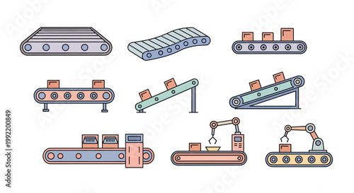 Set of colorful industrial conveyor belts with boxes and robotic arms.