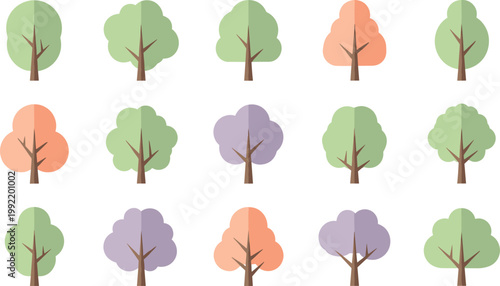 Colorful Flat Style Tree Icons Set Green Orange Purple Pastel Nature Vector Collection