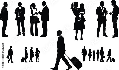 Business people silhouettes set, corporate lifestyle and family travel poses collection, isolated black figures, professional illustration design bundle