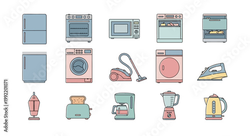 Set of household appliances and kitchen equipment icons in flat line art style