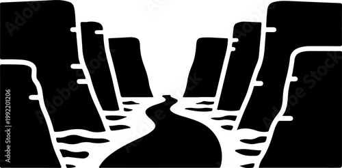 Grand canyon river valley silhouette landscape with rocky cliffsides.