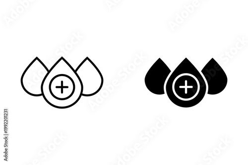 Medical icons of blood drops with plus signs for donation or health concepts