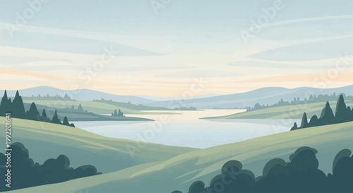 Serene landscape with rolling hills and a calm lake.