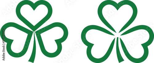 Green shamrock icon set isolated on white background flat vector illustration for Saint Patrick Day, Heart shaped shamrock outline simple green clover st patrick day icon