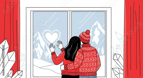 Couple in matching sweaters drawing heart on frosty window, winter mountains view
