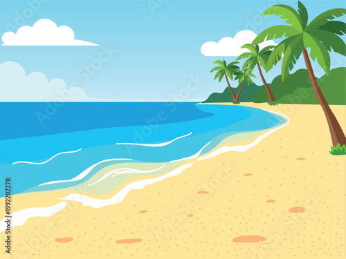 Summer beach shore with yellow sand and blue ocean. Vector illustration.
