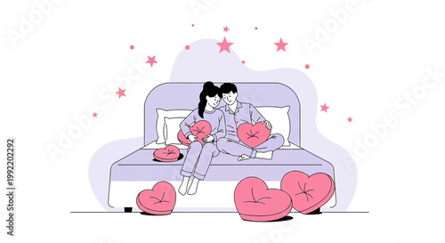 Couple in Pajamas on Bed with Heart Pillows, Romantic Love Illustration