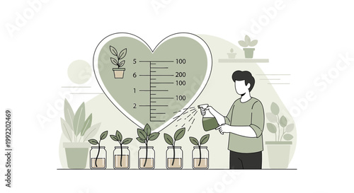 Gardener watering plants in jars with heart shape growth chart, symbolizing care and nurturing