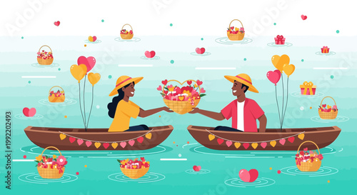 Couple in Rowboat Exchanging Love Heart Basket, Romantic Water Scene