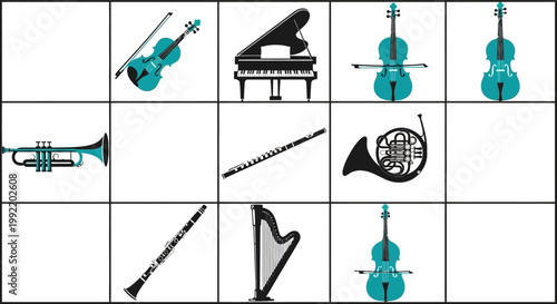 Orchestral Instruments Collection: Piano, Violin, Cello, Trumpet, Harp