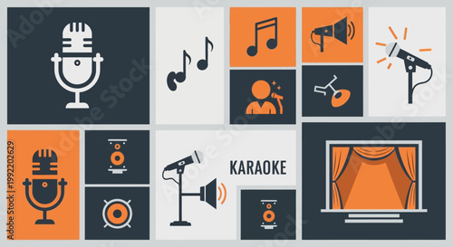 Karaoke Icons: Microphones, Music Notes, Stage, Speakers, Megaphone