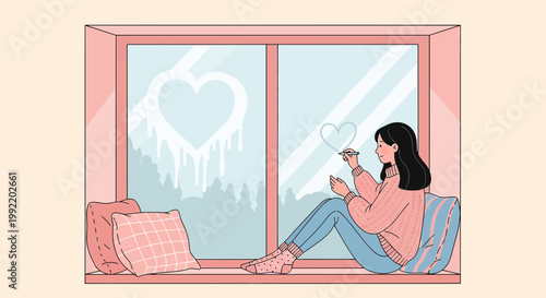 Girl drawing heart on frosted window in winter, cozy indoor scene