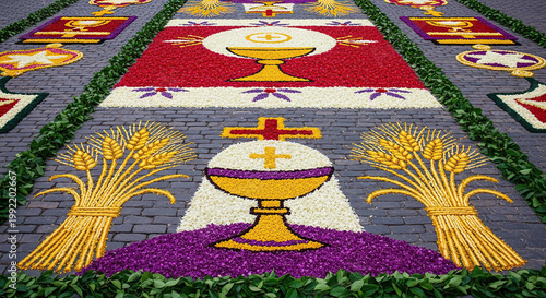 Vibrant flower carpet with religious symbols on brick road
