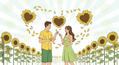 Couple in Sunflower Field, Heart Shapes, Love and Romance