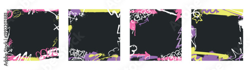 Abstract urban graffiti border set. Square frames with spray paint stickers, street art design elements, inky drips, splashes. Vector set of hand drawing hip hop covers, posters with black layouts