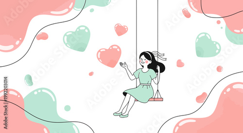 Happy Girl Swinging Among Pink and Teal Hearts, Romantic Abstract Background