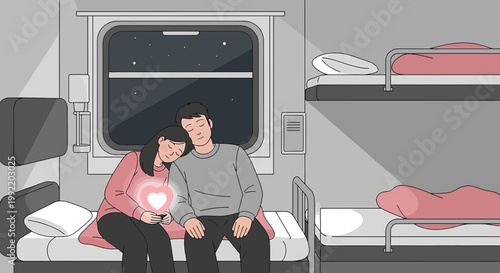 Couple in Train Compartment, Romantic Journey, Holding Glowing Heart