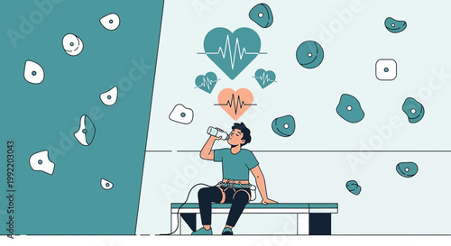 Healthy Climber Hydrating with Heartbeat Monitor Symbolizing Fitness and Well-being