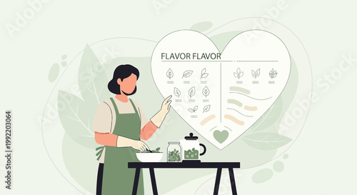 Herbalist preparing natural remedies, heart-shaped infographic on flavors and herbs