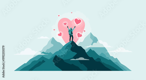 Hiker celebrates on mountain peak with giant heart and love symbols