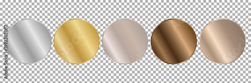 Round metal realistic frames, medals or stickers. Silver, gold, bronze medal template.